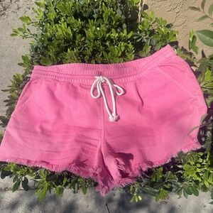 Womens Large Aerie Pink Drawstring Raw Hem Denim Shorts Casual Summer Cut Offs